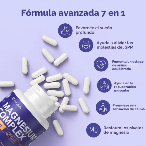 Vista 8 de Complejo de magnesio 7 para mujeres con 600 mg de glicinato, 60