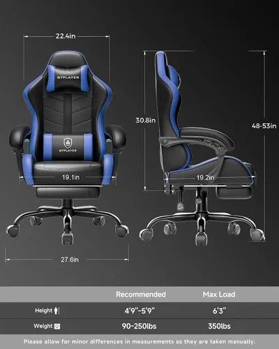 Vista 3 de GTPLAYER Silla de juegos para adultos, silla ergonómica para juegos de computadora con reposapiés, altura ajustable, reclinación de 90-155° y Azul