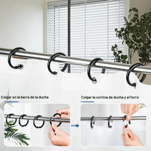 Vista 5 de Kutesna 12 piezas de anillos de cortina de ducha de plástico negro en forma de O, ganchos de cortina de ducha de cierre fácil para el baño