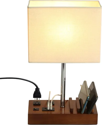 Vista 8 de Briever Lámpara de mesa USB, lámpara multifuncional de mesita de noche con 2 salidas de CA, 3 puertos de carga USB y organizador de soporte