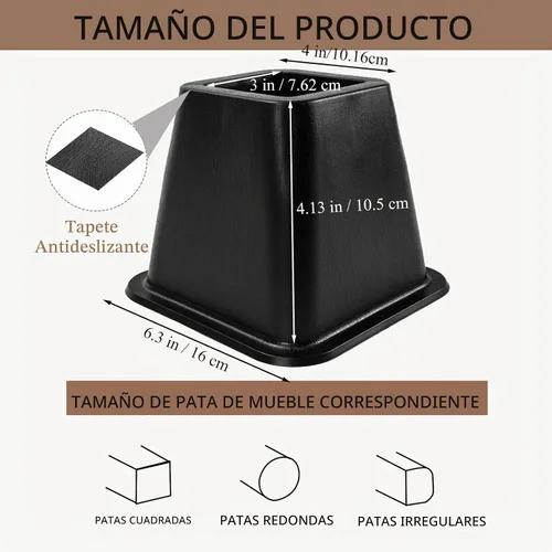Vista 2 de Paquete de 6 elevadores para muebles de cama, de plástico de calidad de 4 pulgadas, patas de cama negras apilables para sofá, silla, gabinete