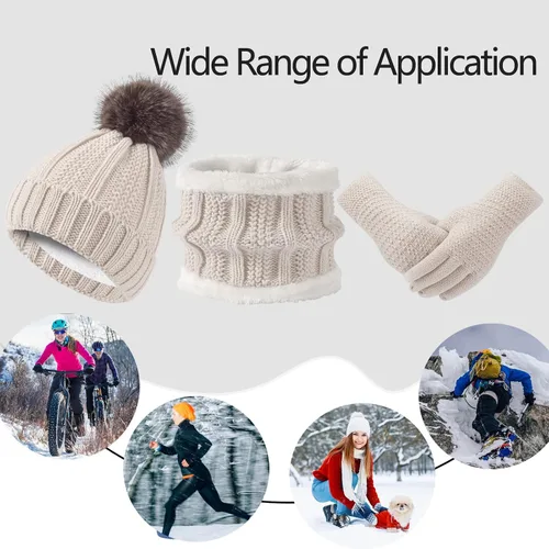 Vista 7 de Conjunto de guantes de invierno para mujer, gorro de forro polar, bufanda para pantalla táctil, guante 3 en 1