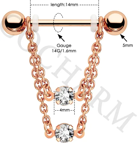 Vista 3 de Cocharm Anillos de pezón de doble cadena de 0.49 oz, plata y oro, joyería de piercing de acero inoxidable 316L para mujer