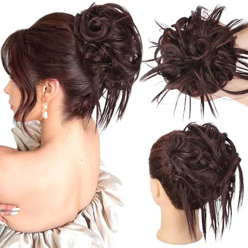 Vista 33 de HMD - Extensiones de cabello tipo chongo alborotado con rodelo despeinado, banda elástica de goma, extensiones de cabello sintético para mujer 12H24
