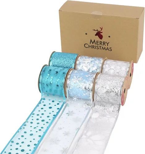 Vista 9 de MEEDEE Cinta de Navidad turquesa de 2.5 pulgadas, 6 rollos, 36 yardas, azul y plateado para árbol de Navidad