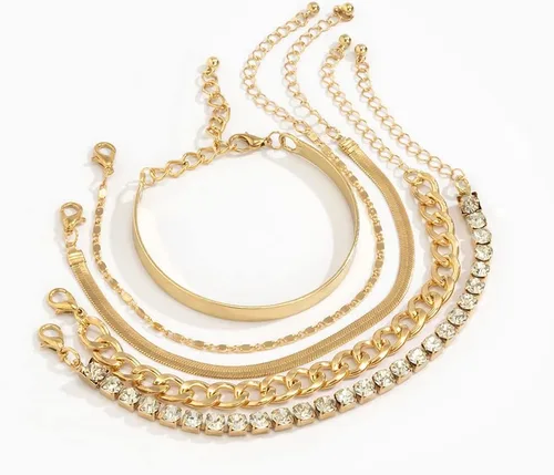 Vista 3 de fxmimior Juego de 5 pulseras apilables de cadena dorada y plata con diamantes de imitación para mujer, con cuentas ajustables, cadena de cable plano