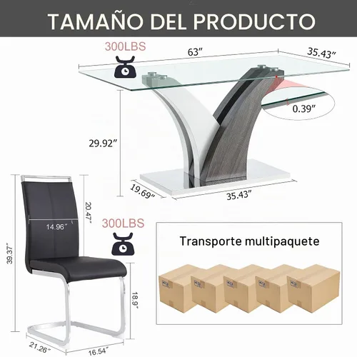 Vista 2 de NYEESS - Juego de mesa de comedor de cristal para 4, moderno juego de mesa de comedor de 63 pulgadas para 4