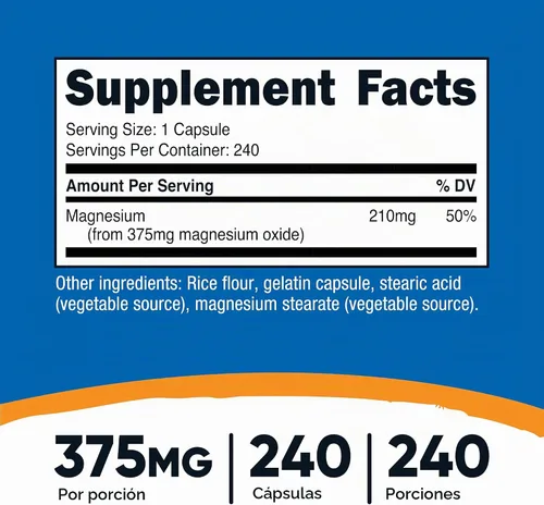 Vista 2 de Nutricost Óxido de magnesio 375 mg, 240 cápsulas, 210 mg de magnesio, sin