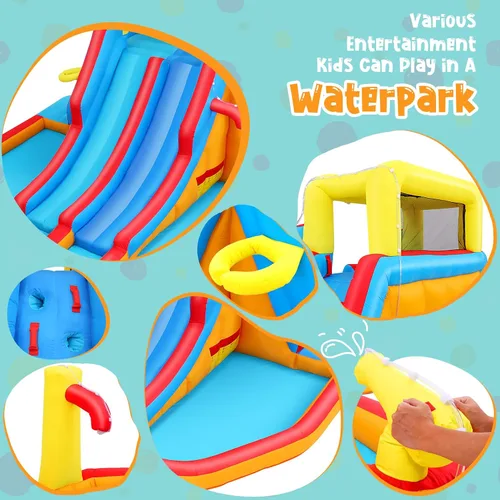 Vista 5 de AKEYDIY Tobogán acuático inflable de doble carril, tobogán acuático de rebote para niños de 3 a 12 años, parque acuático con tobogán de carreras