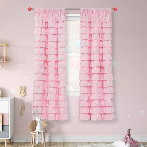 Vista 10 de Cortinas negras con volantes, 2 paneles, paneles de ventana con volantes de 12 capas, cortinas de estilo rústico para dormitorio, baño, bolsillo