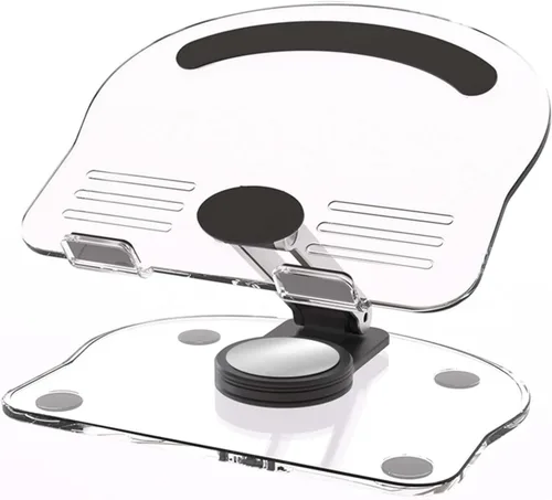 Vista 11 de Soporte acrílico para tablet con base giratoria de 360°, soporte plegable ajustable transparente para escritorio, oficina en casa, compatible