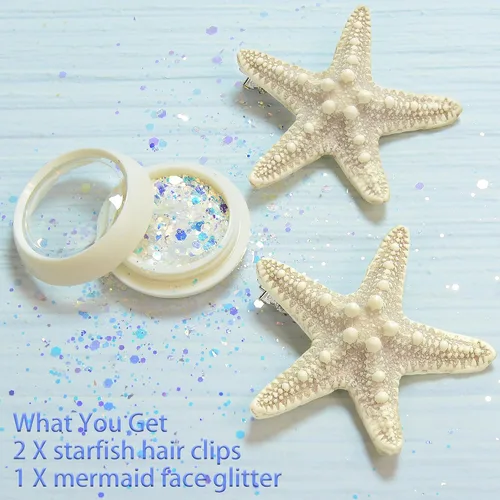 Vista 7 de Juego de pinzas para el cabello y cuerpo con purpurina de estrella de mar, disfraz de sirena para mujeres, niñas y adultos, accesorios 3 en 1