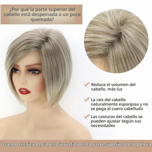 Vista 5 de TISHINING Pelucas rubias cortas en capas para mujeres blancas, longitud de la barbilla, color rubio ceniza, parte lateral, peluca Pixie Bob, cabello
