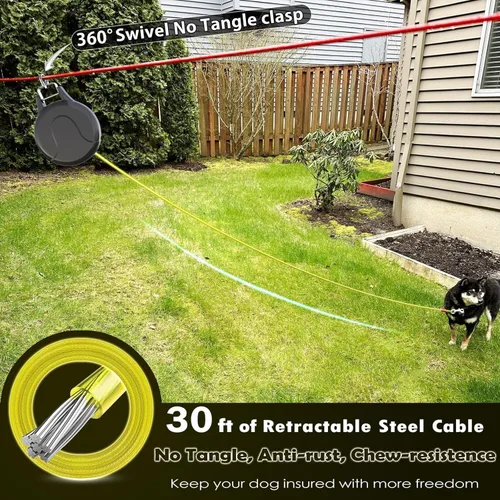 Vista 7 de Cable de amarre para perro de 30 pies y correa retráctil para perro, cable 2 en 1 para tirolesa, carro de cable o ancla, carrete de amarre retráctil