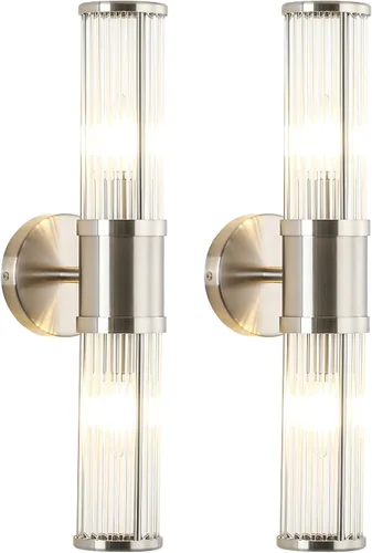 Vista 13 de Lámpara de tocador moderna de latón cepillado, 1 unidad, aplique de pared de doble varilla de vidrio para baño, base de candelabro E12 de doble