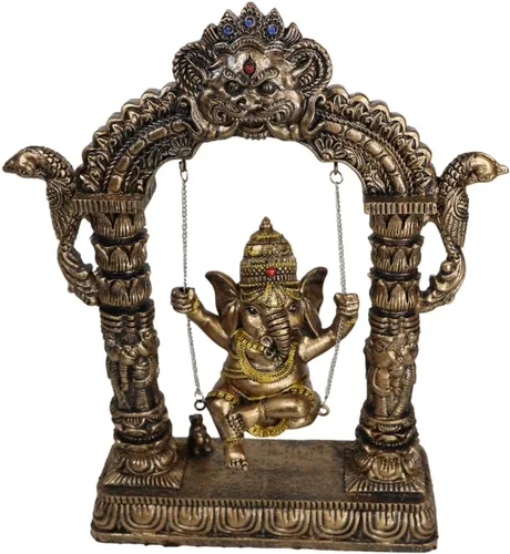 Vista 7 de Ebros 9 pulgadas de alto hindú supremo elefante Dios bebé Ganesha jugando en columpio con rata Mooshika debajo de la estatua patrón de las artes