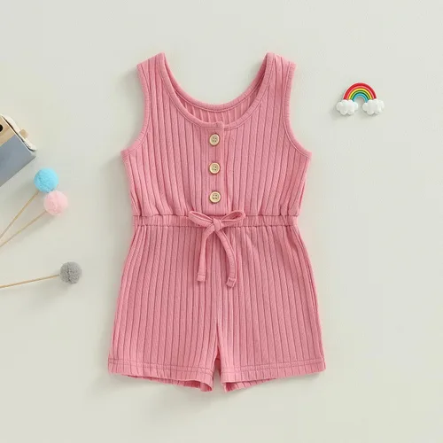 Vista 2 de Traje de verano para niña pequeña, de manga corta, acanalado, overol liso, pantalones cortos, ropa para recién nacidos