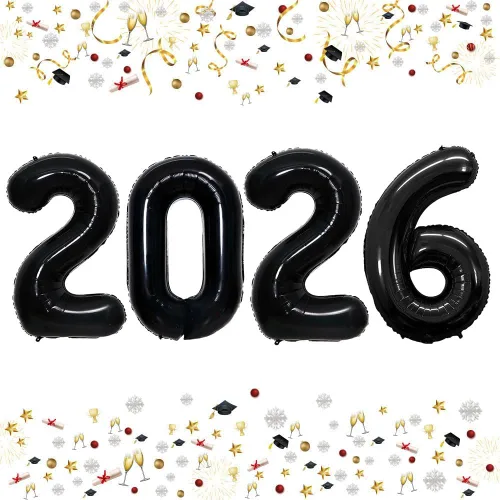 Vista 50 de GOER Globos de papel de aluminio 2026 para fiesta de Año Nuevo, suministros de fiesta, decoraciones de graduación (negro, 16 pulgadas)