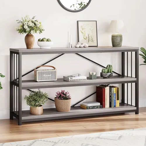Vista 18 de LVB Mesa consola negra, mesa de entrada moderna para pasillo y sala de estar, mesa de sofá industrial detrás del sofá, mesa de entrada de madera