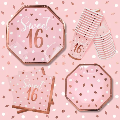 Vista 5 de Paquete de decoración de fiesta Sweet 16 en oro rosa y rosa: Set de suministros para fiestas con platos de papel, servilletas, vasos, mantel