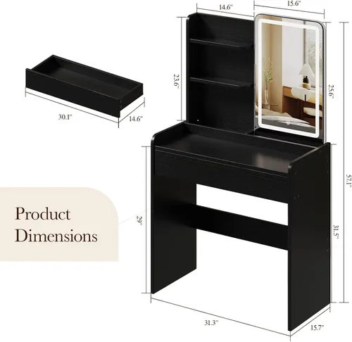 Vista 2 de Memobarco Escritorio pequeño con espejo y luces, tocador de maquillaje con cajón y estantes de almacenamiento, escritorio de tocador con 3 modos