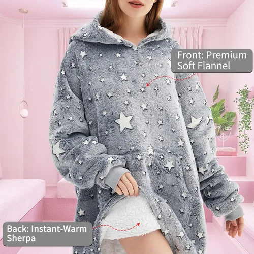 Vista 3 de Manta con capucha de gran tamaño, que brilla en la oscuridad, suave felpa cálida, sudadera con capucha para adultos, mujeres y hombres