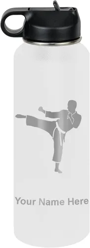 Vista 8 de Botella de agua personalizada LaserGram, Karate Man, de acero inoxidable con aislamiento al vacío de doble pared con tapa abatible, regalo grabado