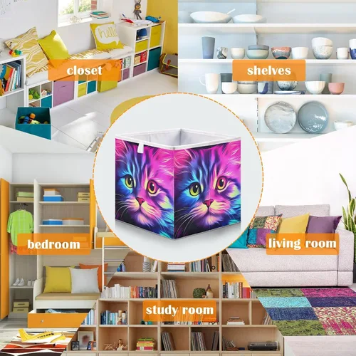 Vista 6 de Vnurnrn Cubo de almacenamiento plegable con impresión de gato morado brillante, cestas organizadoras con tablero de soporte para armario de estante
