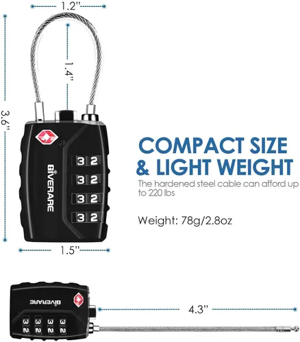 Vista 5 de 2 Pack TSA Approved Travel Luggage Locks, 4-Digit Metal Cable Combination Suitcase Lock, Alloy Padlocks, Weatherproof Padlock for Locker, Golf Bag