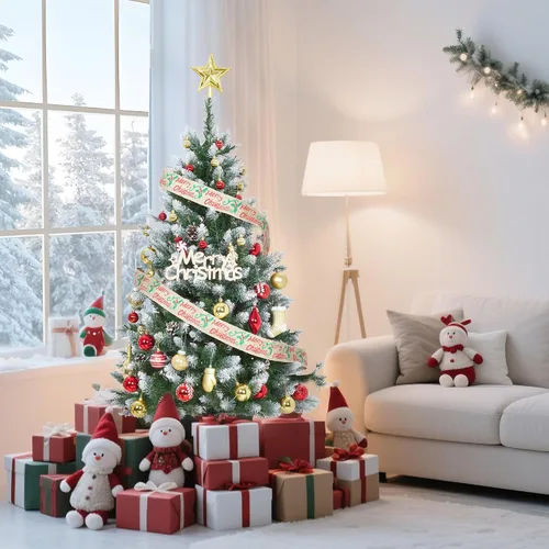 Vista 8 de Árbol de Navidad Artificial Preiluminado de 4.5 Pies, Árbol de Pino de Navidad con Piñas, 150 LEDs y 352 Puntas - Soporte con Bisagras, Árboles