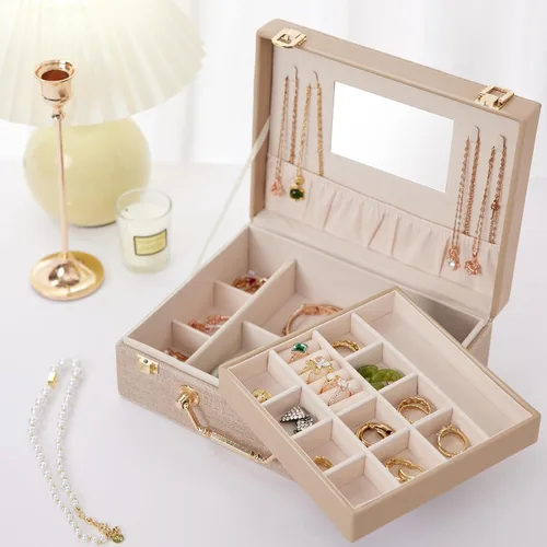 Vista 6 de Joyero portátil para mujeres y niñas con piel sintética, caja organizadora de aretes con espejo de maquillaje para regalos de Navidad y Año Nuevo