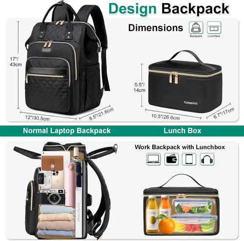Vista 4 de Mochila de almuerzo, mochila para laptop de 15.6 pulgadas para mujeres, enfermeras, profesores, mochila de trabajo con lonchera aislada, Negro