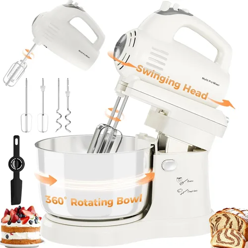 Vista 10 de Batidora de Pie Batidora de Mano Eléctrica de Cocina - Tazón Giratorio Automático de 3.2 QT y Batidor, Batidora de Pie Pequeña, Batidora Doméstica