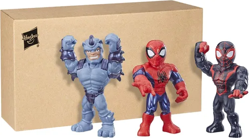 Vista 2 de Playskool Heroes Mega Mighties Marvel Super Hero Adventures Web Warriors Paquete de 3, Spider-Man, Kid Arácnido, Rinoceronte de Marvel, figuras