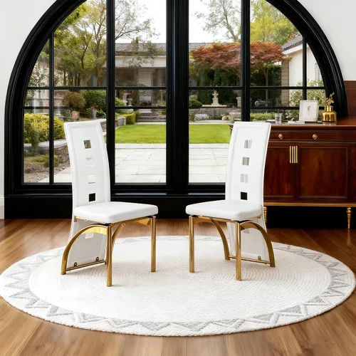 Vista 17 de Juego de 2 sillas de comedor modernas, juego de 2 sillas de comedor negras, sillas de cocina tapizadas de piel sintética con patas de metal dorado