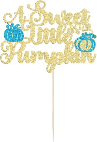 Vista 3 de Ephlyn 1 decoración para pastel de calabaza dulce y dorada, calabaza con purpurina azul y dorada, decoración para pastel de baby shower, temática