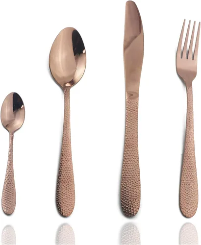 Vista 7 de JASHII Juego de cubiertos de acero inoxidable martillado de 16 piezas servicio de utensilios de alimentación para 4, vajilla moderna juego de Negro