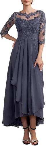 Vista 2 de Vestido formal de gasa con media manga para madre de la novia, vestido formal de encaje fruncido, vestido de fiesta de noche para boda, RO23