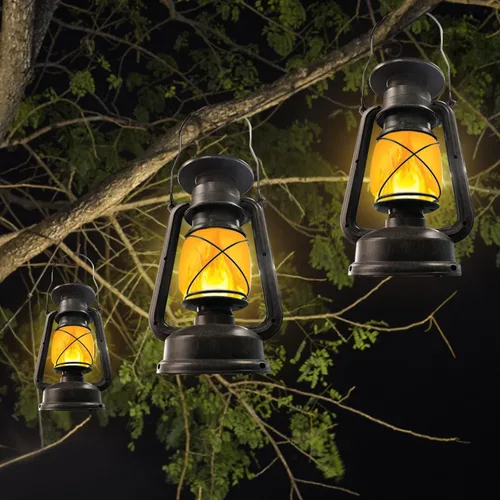 Vista 5 de Linterna Solar para Exterior Impermeable, Luces Solares LED Vintage con Llama Parpadeante, Lámparas de Camping, Linterna Rústica Colgante de Carga