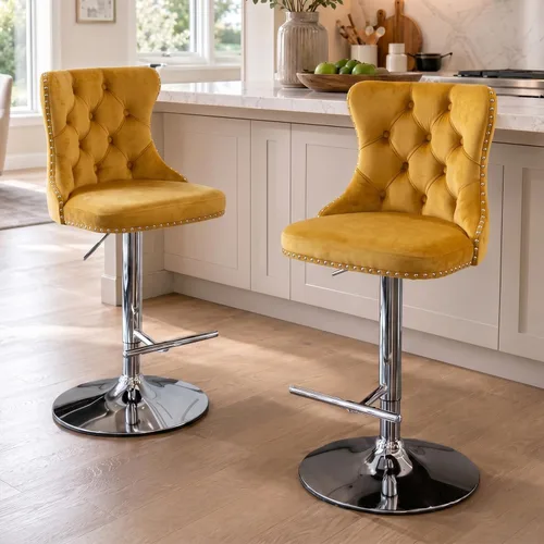 Vista 104 de SoarFlash Juego de 2 taburetes de bar tapizados de terciopelo moderno con patas de madera, botones acolchados, cabeza de clavo cromada, asiento
