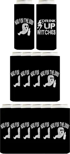 Vista 17 de Decoración espeluznante de Halloween Bebe brujas aquí para los abucheos 2 caras Paquete de 2 termoenfriadores ultra delgados para latas