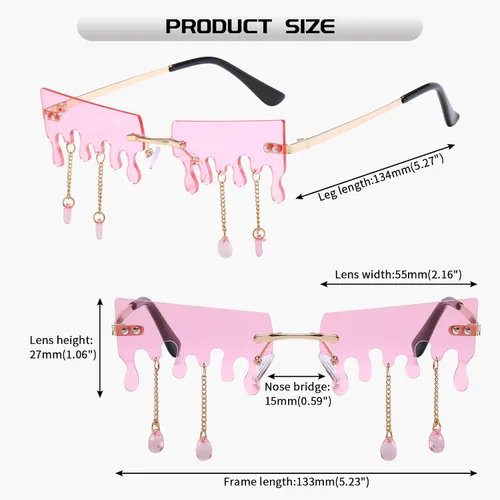 Vista 3 de Kepoita Gafas de sol sin montura para mujer, con borlas, para fiesta de Halloween, rave, divertidas, sin marco, lentes irregulares, Rosado