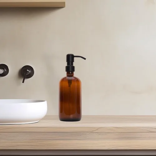 Vista 3 de Diahom Dispensador de jabón de vidrio ámbar, dispensador de jabón para platos de mano, 1 bomba de acero inoxidable de 16 onzas para fregadero