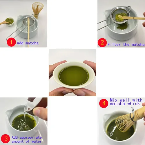 Vista 4 de Juego de batidor de matcha: juego de 4 piezas para principiantes de matcha, incluyendo un batidor de bambú tradicional, cuchara, tamiz de té