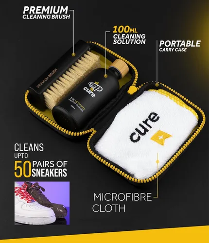 Vista 2 de Crep Protect Kit de limpieza de zapatos - Kit de viaje de limpieza de tenis prémium Cure con solución de 3.5 onzas, cepillo premium y paño