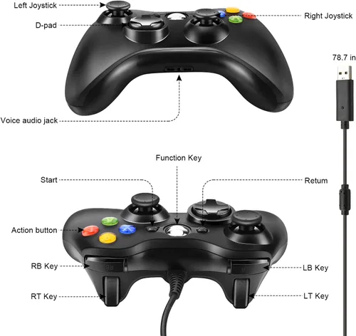 Vista 2 de Controlador Xbox 360, joystick con cable USB con doble vibración mejorada y diseño ergonómico para Microsoft Xbox 360 y Slim y PC Windows 7810
