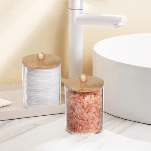 Vista 7 de Tbestmax Tarros de baño con soporte Qtip de 10 onzas para hisopos de bolas de algodón, dispensador de almacenamiento, tapa de bambú (paquete de 2)