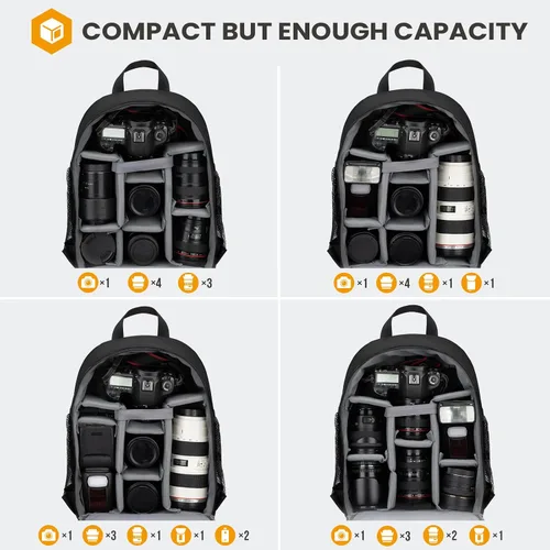 Vista 3 de TARION Mochila para cámara pequeña + mochila impermeable para cámara: bolsa para cámara DSLR con cubierta impermeable para lluvia, compartimento