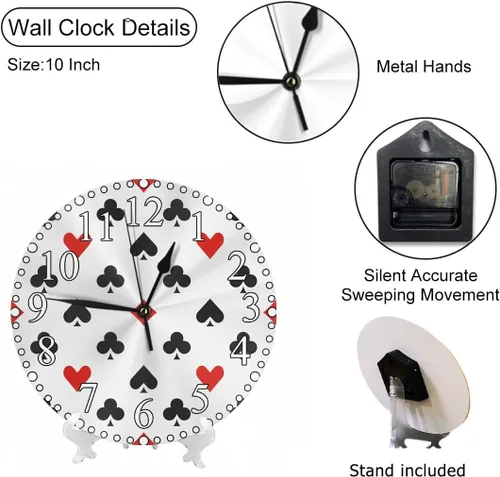 Vista 3 de Reloj de pared de póquer rojo y negro con forma de triángulo de corazón geométrico de 10 pulgadas, silencioso, sin tictac, funciona