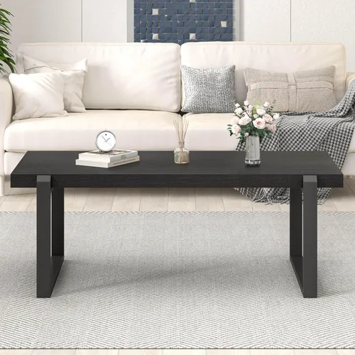 Vista 7 de EXCEFUR - Mesa de café moderna negra, mesa de centro industrial de madera y metal para sala de estar, mesa de té y cóctel rectangular, roble negro